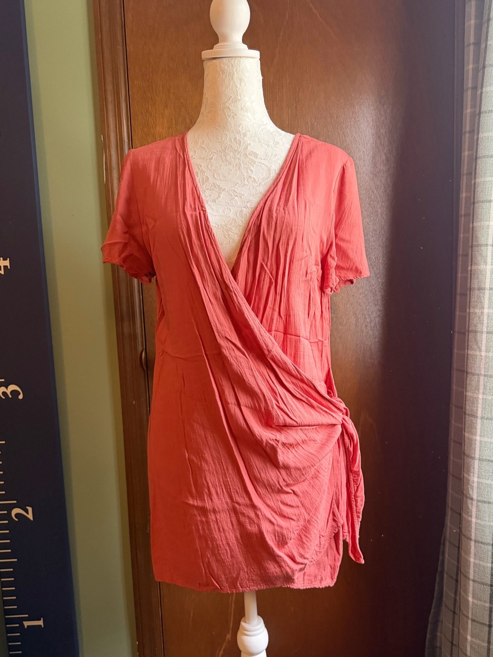Lulu's Coral Wrap-Front Short Sleeve Mini Dress/Cover Up